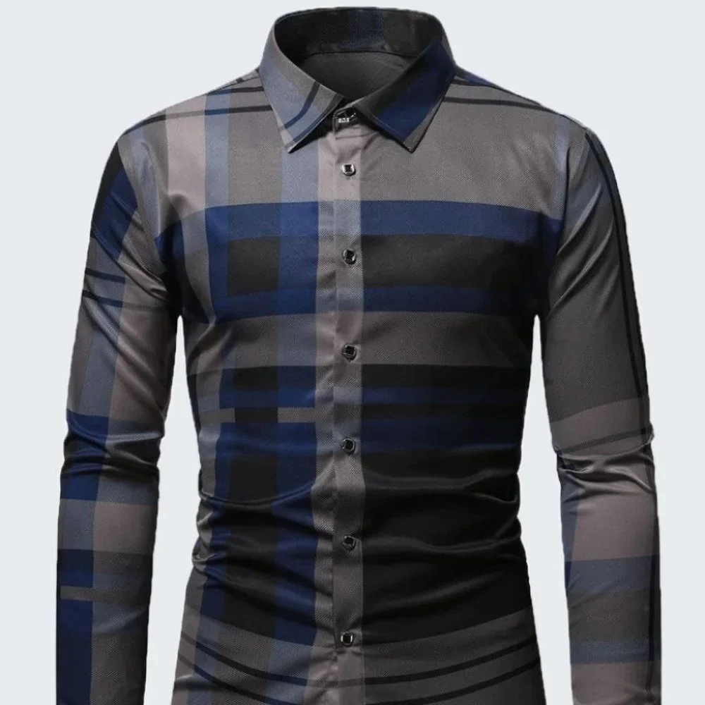 Business Casual Blue Men's Plaid Print Shirt - Picture 2 of 9